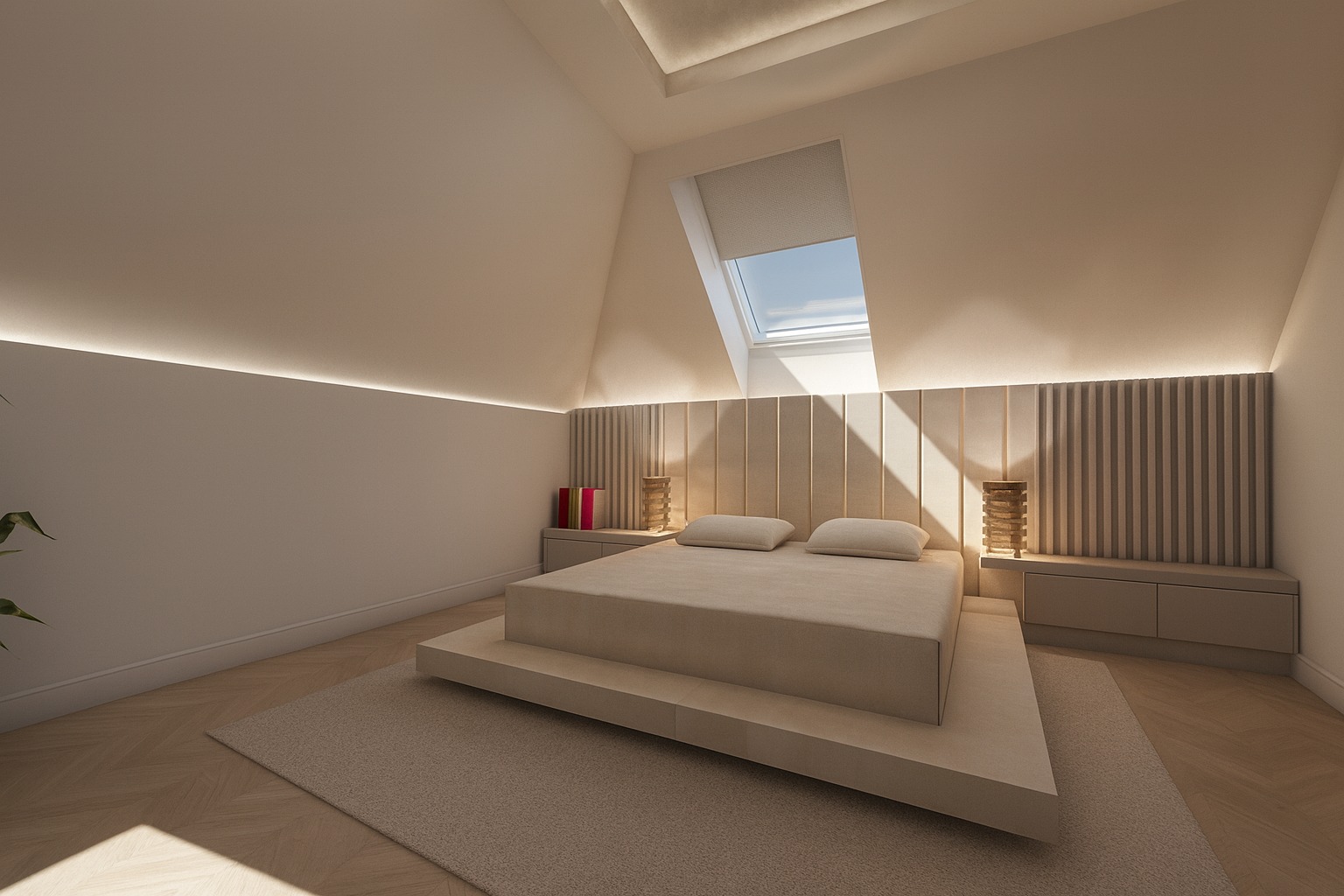 Jasna sypialnia na poddaszu z łóżkiem na podeście, oświetleniem LED i oknem dachowym. Minimalistyczny design, beżowa kolorystyka, drewniana podłoga i dywan.