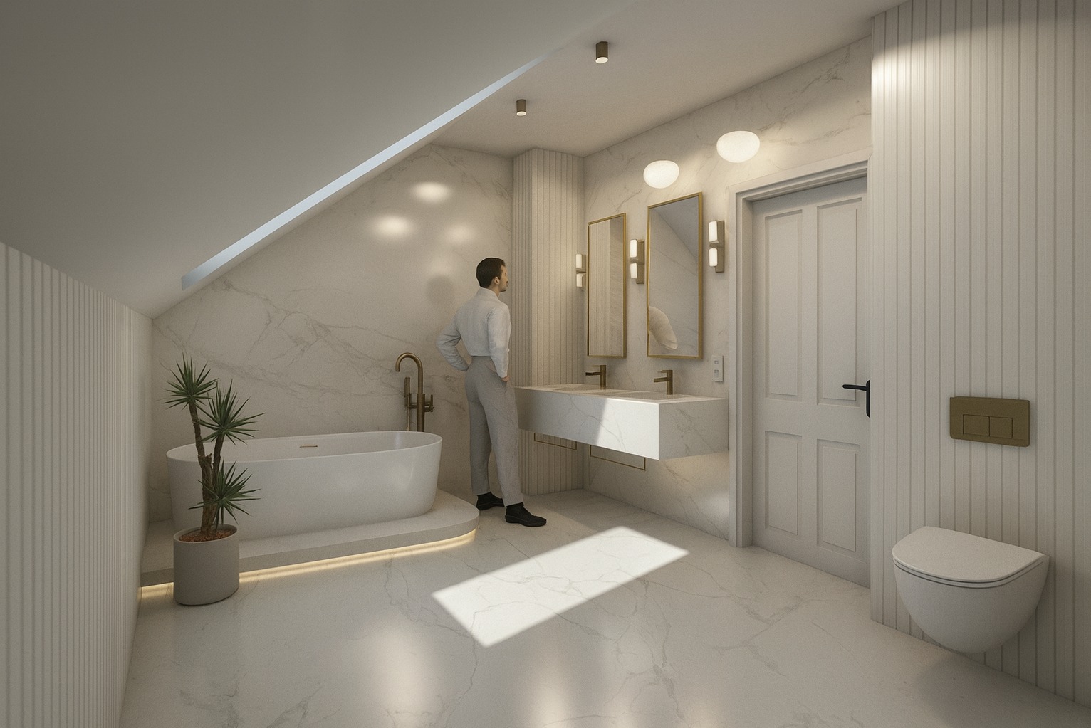 Elegancka łazienka z marmurowymi ścianami, wolnostojącą wanną z podświetleniem LED, podwójną umywalką i wysokimi lustrami w złotych ramach. Osoba w tle dodaje skali.