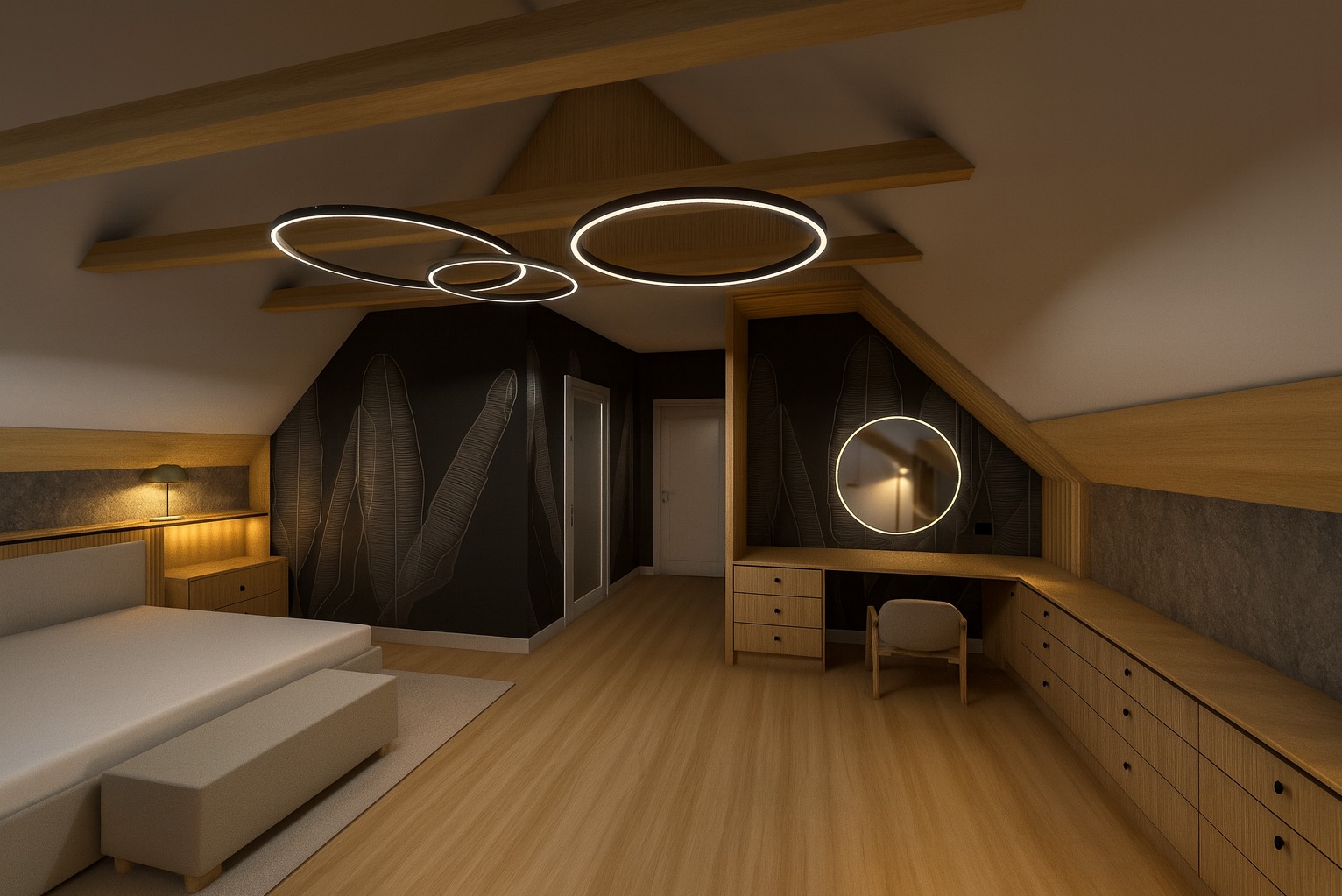 Stylowa sypialnia na poddaszu z drewnianymi belkami, okrągłymi lampami i toaletką z lustrem. Czarno-biała tapeta z motywem liści. Nowoczesny design.