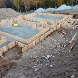 Szalunek pod fundamenty domu jednorodzinnego, wypełniony żwirem. W tle hałdy żwiru i jesienny krajobraz. Widoczny niwelator laserowy.