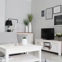 Jasne, przestronne wnętrze salonu z białymi meblami drewnianymi: szafka witrynowa, szafka RTV, stolik kawowy i sofa w szarym odcieniu. Na ścianie wiszą oprawione grafiki. Na stoliku leży otwarta...