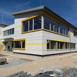 Nowoczesny budynek z jasną elewacją i żółtymi akcentami wokół okien, w trakcie prac wykończeniowych na zewnątrz. Widoczne materiały budowlane i maszyny.