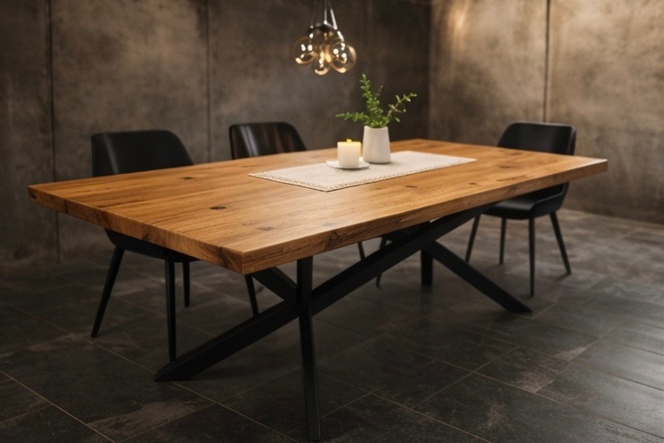 Rustykalny stół z litego drewna dębowego na metalowych nogach w kształcie litery X, z dekoracjami i krzesłami w tle, w nowoczesnym wnętrzu.