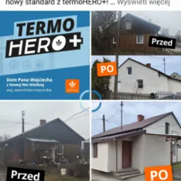 Termomodernizacja domu: zestawienie 'przed' i 'po' z logo Columbus Energy. Budynek z drewnianą elewacją i ocieplony, otynkowany. Nowa Wsi Wielkiej, woj. warmińsko-mazurskie.