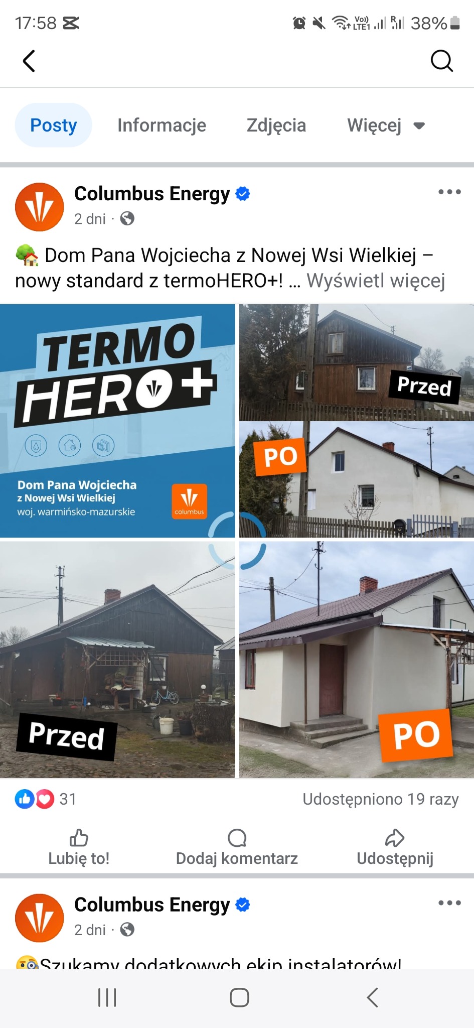 Termomodernizacja domu: zestawienie 'przed' i 'po' z logo Columbus Energy. Budynek z drewnianą elewacją i ocieplony, otynkowany. Nowa Wsi Wielkiej, woj. warmińsko-mazurskie.