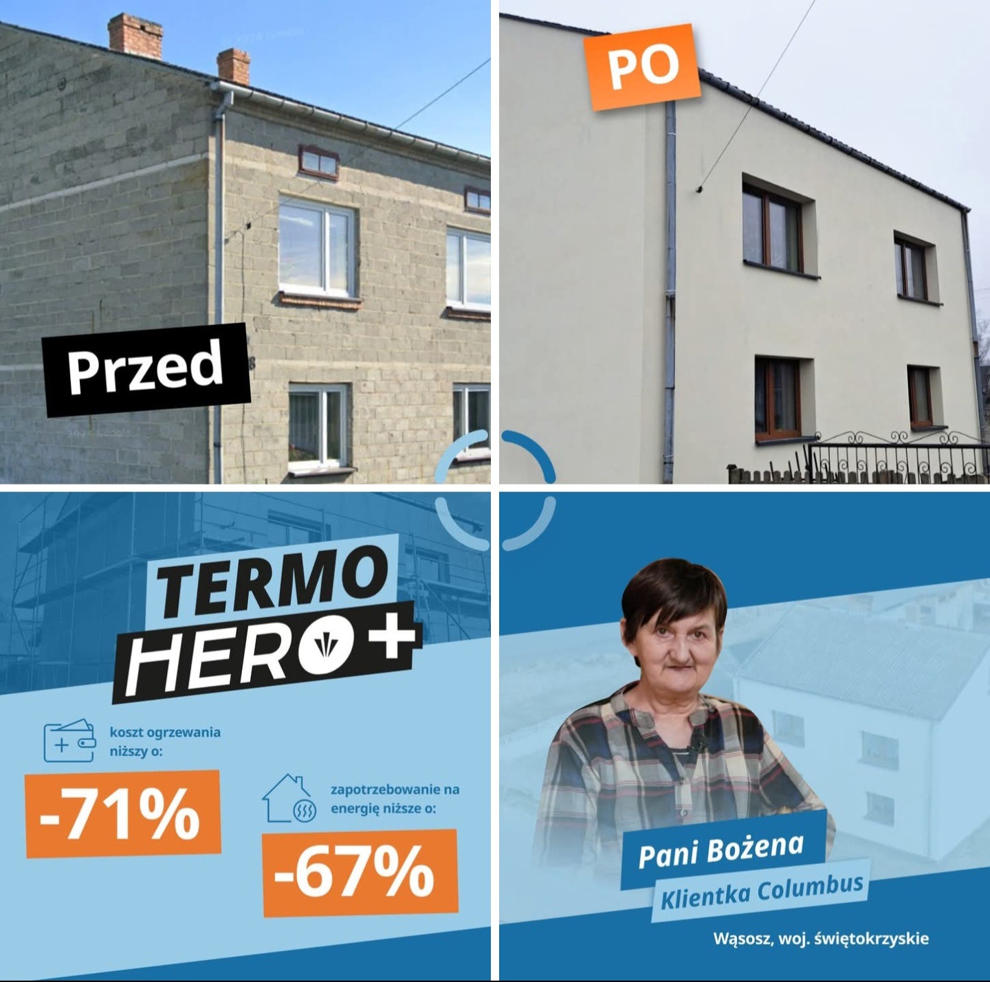 Termomodernizacja budynku: porównanie stanu przed i po, z informacjami o oszczędnościach energii i kosztów ogrzewania. W tle zdjęcie klientki.