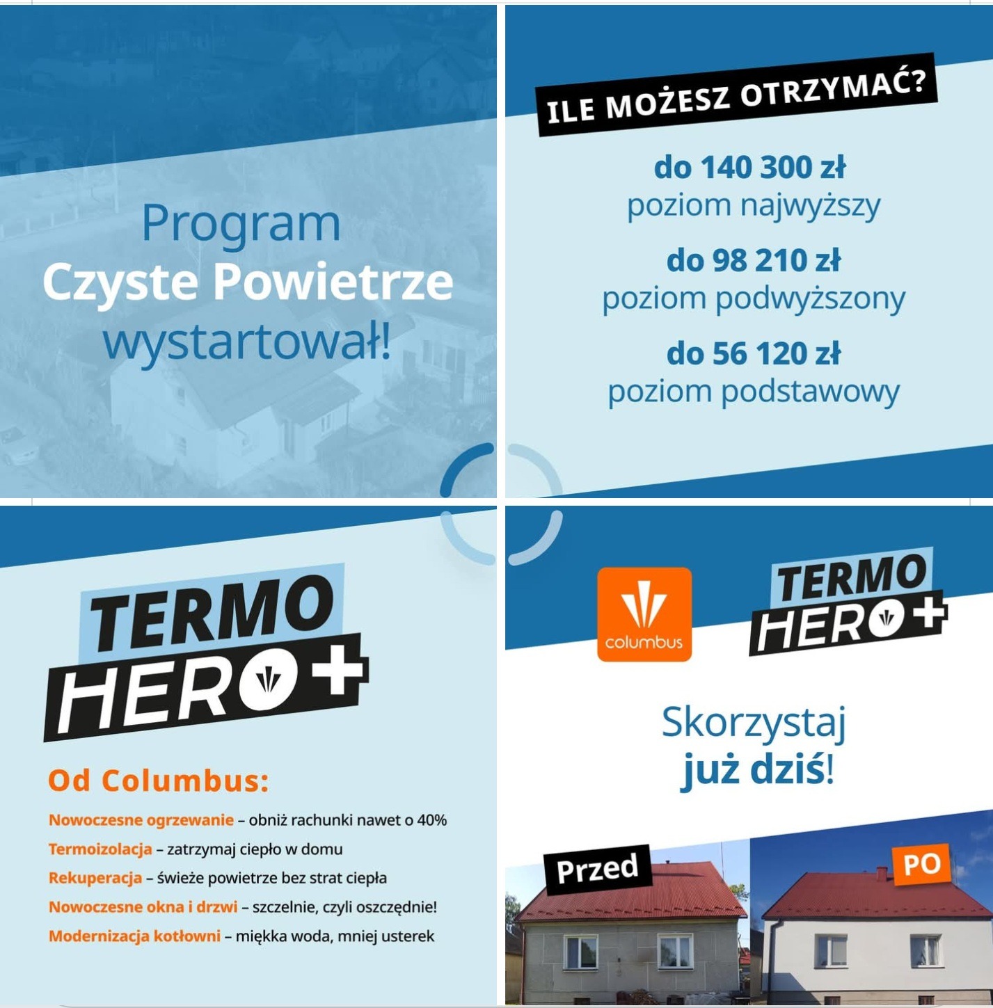 Grafika informacyjna: Program Czyste Powietrze, Termo Hero+, dofinansowania, nowoczesne ogrzewanie, termoizolacja, rekuperacja, okna, modernizacja kotłowni. Zdjęcie domu przed i po.