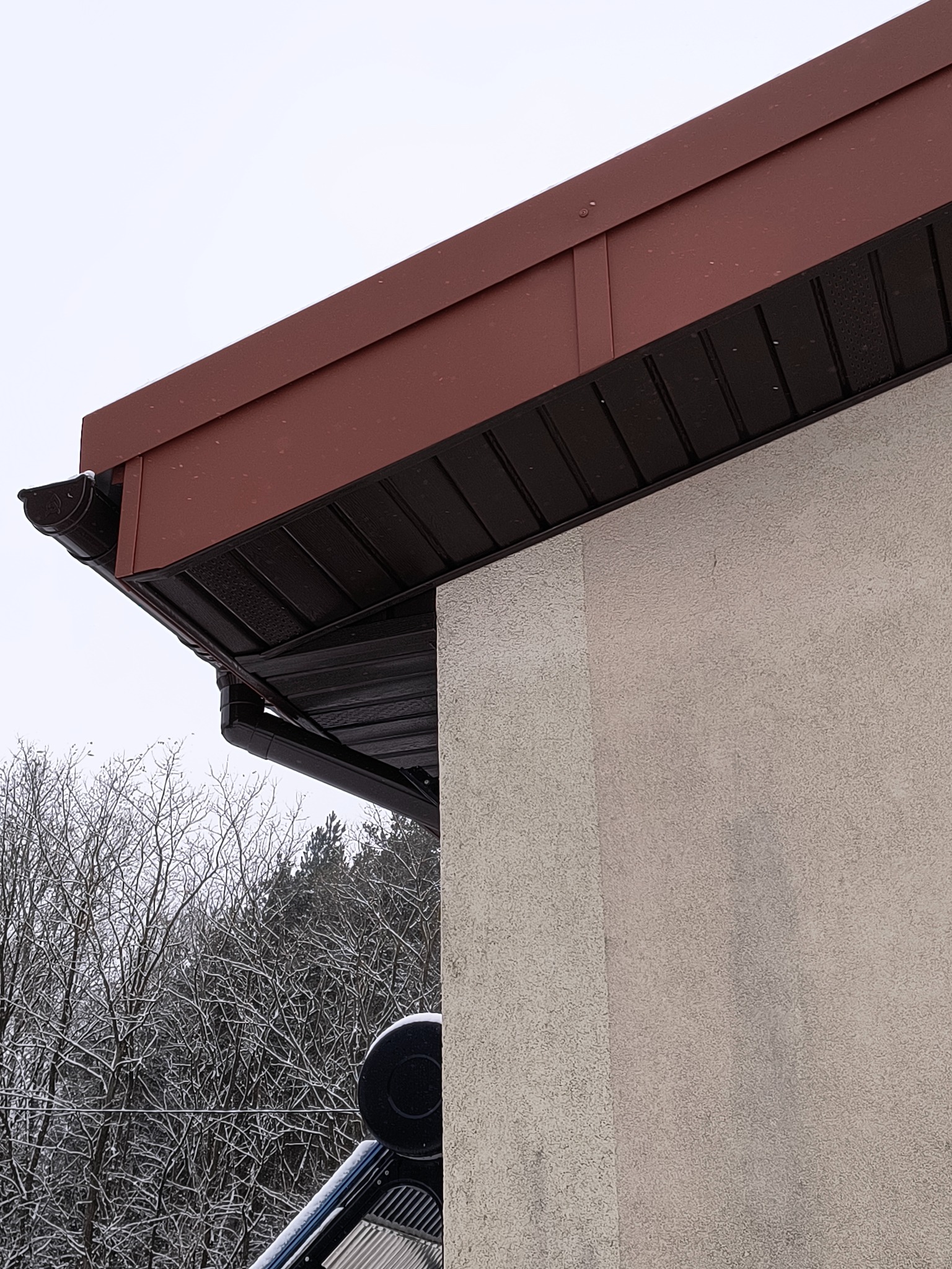 Brązowe orynnowanie i podbitka dachu domu jednorodzinnego, widoczne na tle ośnieżonych drzew. Ujęcie z dołu, podkreślające detale wykończenia.