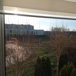 Czyste Meble Alex - Widok z okna na osiedle i drzewa wczesną wiosną, przez częściowo zasłonięte, kremowe rolety okienne. Słońce odbija się od szyby.