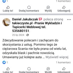 takieczyste.pl Rafał Sujecki - Zrzut ekranu z opiniami o usłudze prania tapicerki meblowej z Facebooka, z nazwami użytkowników i pozytywnymi komentarzami na temat jakości wykonania.
