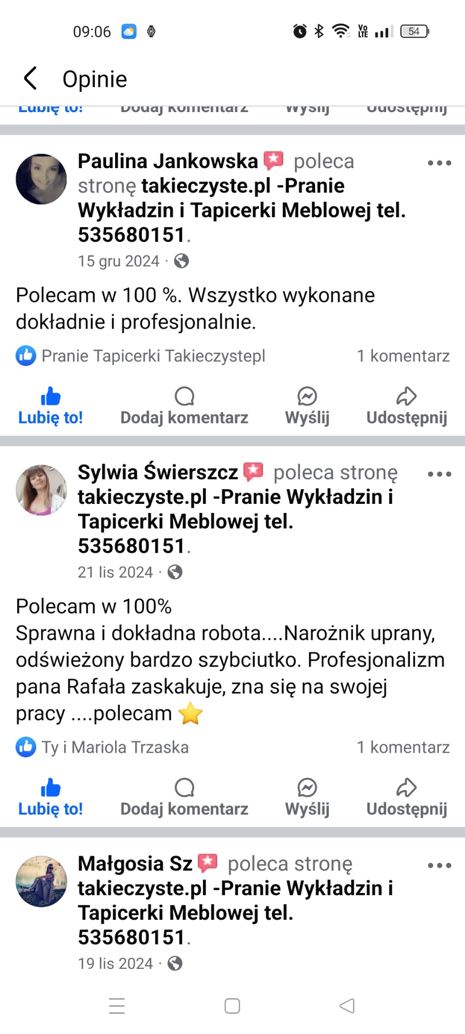 Zrzut ekranu opinii z Facebooka o firmie oferującej pranie tapicerki i wykładzin, z pozytywnymi komentarzami klientów i widocznym numerem telefonu.