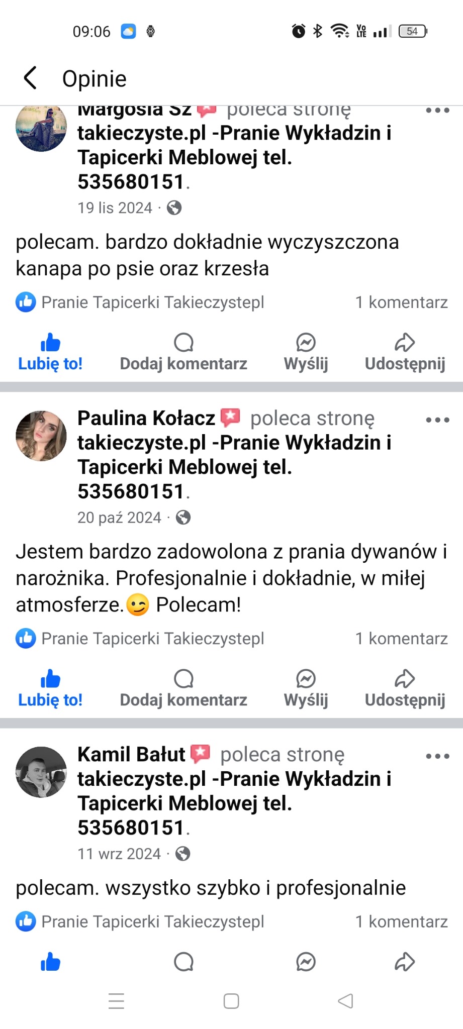 Zrzut ekranu z opiniami klientów o usłudze prania tapicerki, zawierający rekomendacje i pozytywne komentarze na temat dokładności i profesjonalizmu.