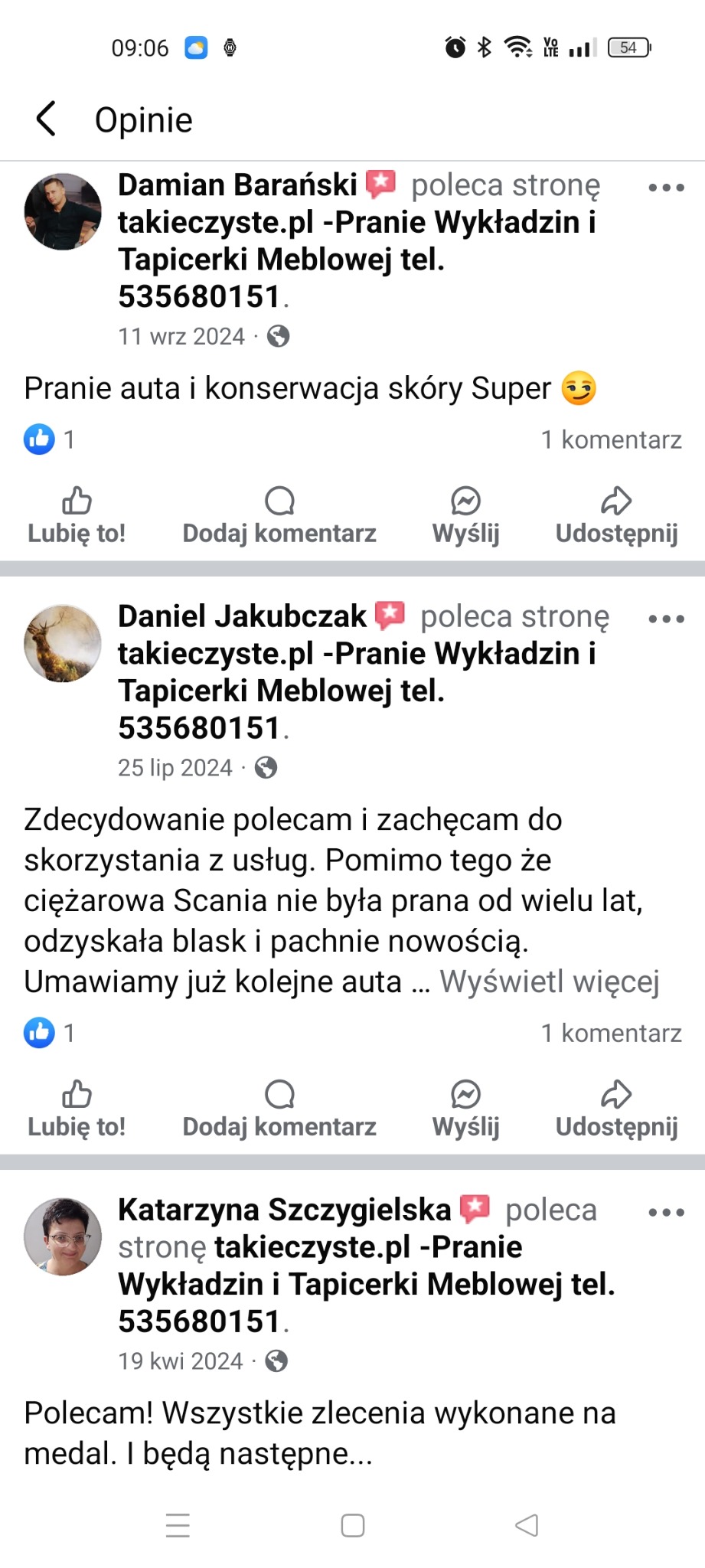 Zrzut ekranu z opiniami o usłudze prania tapicerki meblowej z Facebooka, z nazwami użytkowników i pozytywnymi komentarzami na temat jakości wykonania.