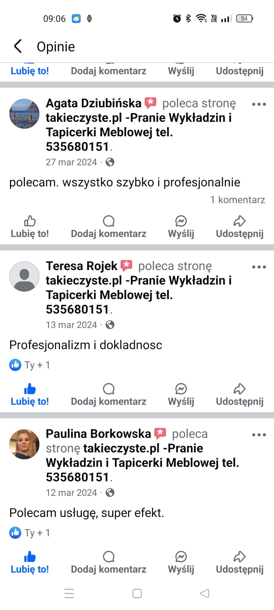 Zrzut ekranu z pozytywnymi opiniami o firmie 'takieczyste.pl' specjalizującej się w praniu wykładzin i tapicerki meblowej. Kontakt telefoniczny: 535680151.