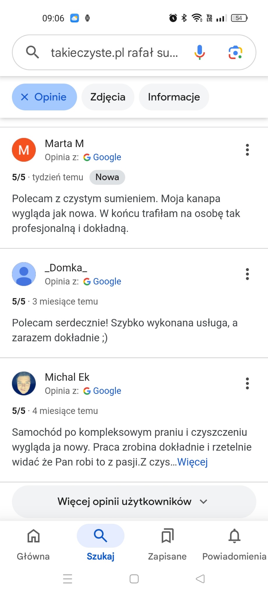 Opinie Google o firmie 'takieczyste.pl rafał su...' z ocenami 5/5 i pozytywnymi komentarzami klientów na temat prania kanap i samochodów.