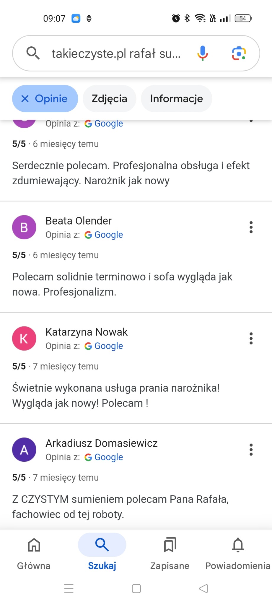 Opinie klientów o usłudze prania narożnika w Grójcu. Pozytywne recenzje na Google, podkreślające profesjonalizm i efekty. Sofa jak nowa, polecam!