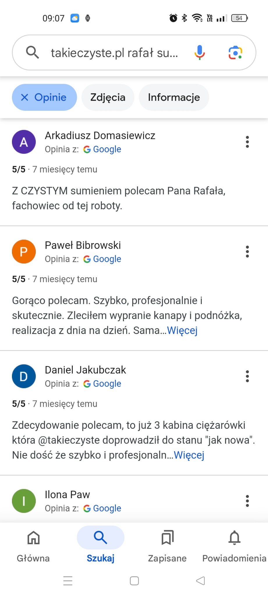 Zrzut ekranu z opiniami Google o firmie 'takieczyste.pl Rafał su...' z ocenami 5/5 za pranie kanap i mebli tapicerowanych. Pozytywne recenzje zadowolonych klientów.