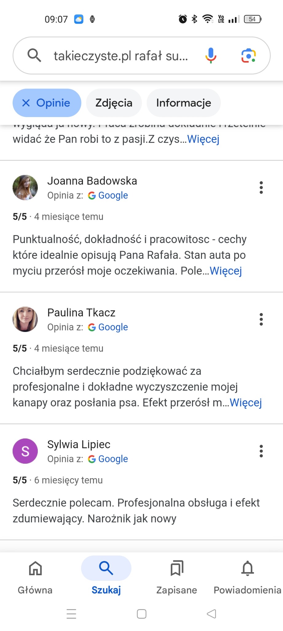 Opinie klientów o firmie 'takieczyste.pl' z ocenami 5/5, dotyczące usług czyszczenia kanap, posłań dla psów i aut. Google. Pozytywne rekomendacje.