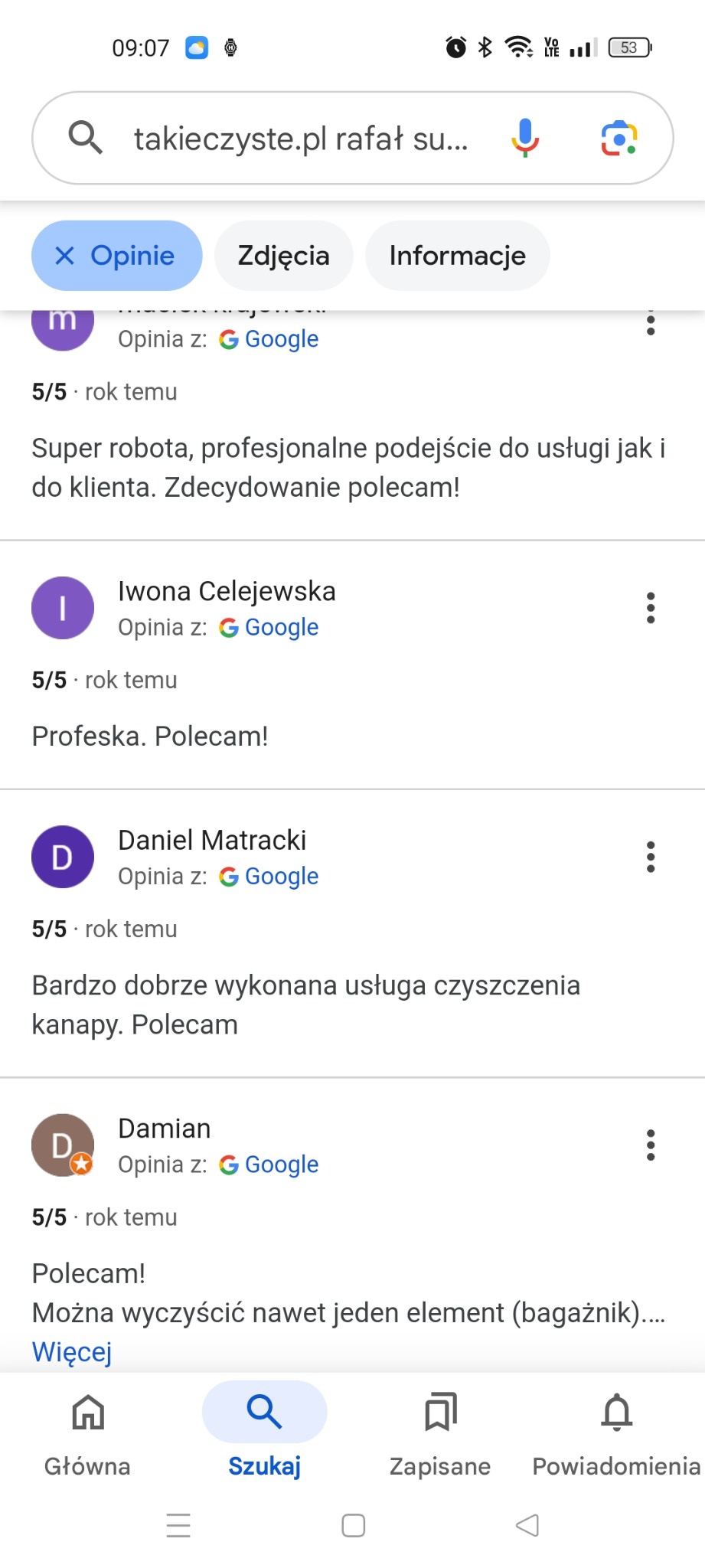 Opinie Google o usłudze czyszczenia kanap z ocenami 5/5. Wyszukiwanie frazy 'takieczyste.pl rafał su...' w przeglądarce.
