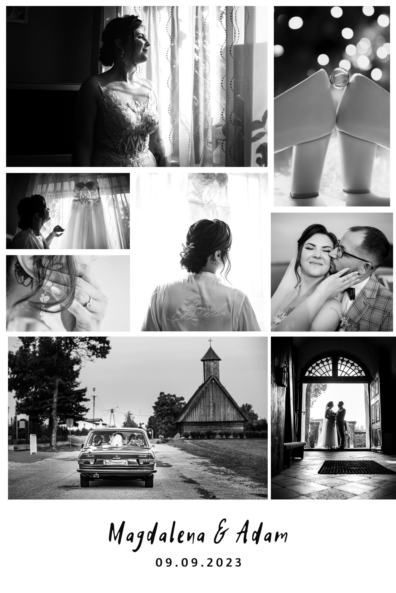 Czarno-biały kolaż zdjęć ślubnych: panna młoda w sukni spoglądająca przez okno, zbliżenie obrączek na butach, szlafrok z napisem 'Bride', para całująca się, zabytkowy samochód i kościół w tle,...