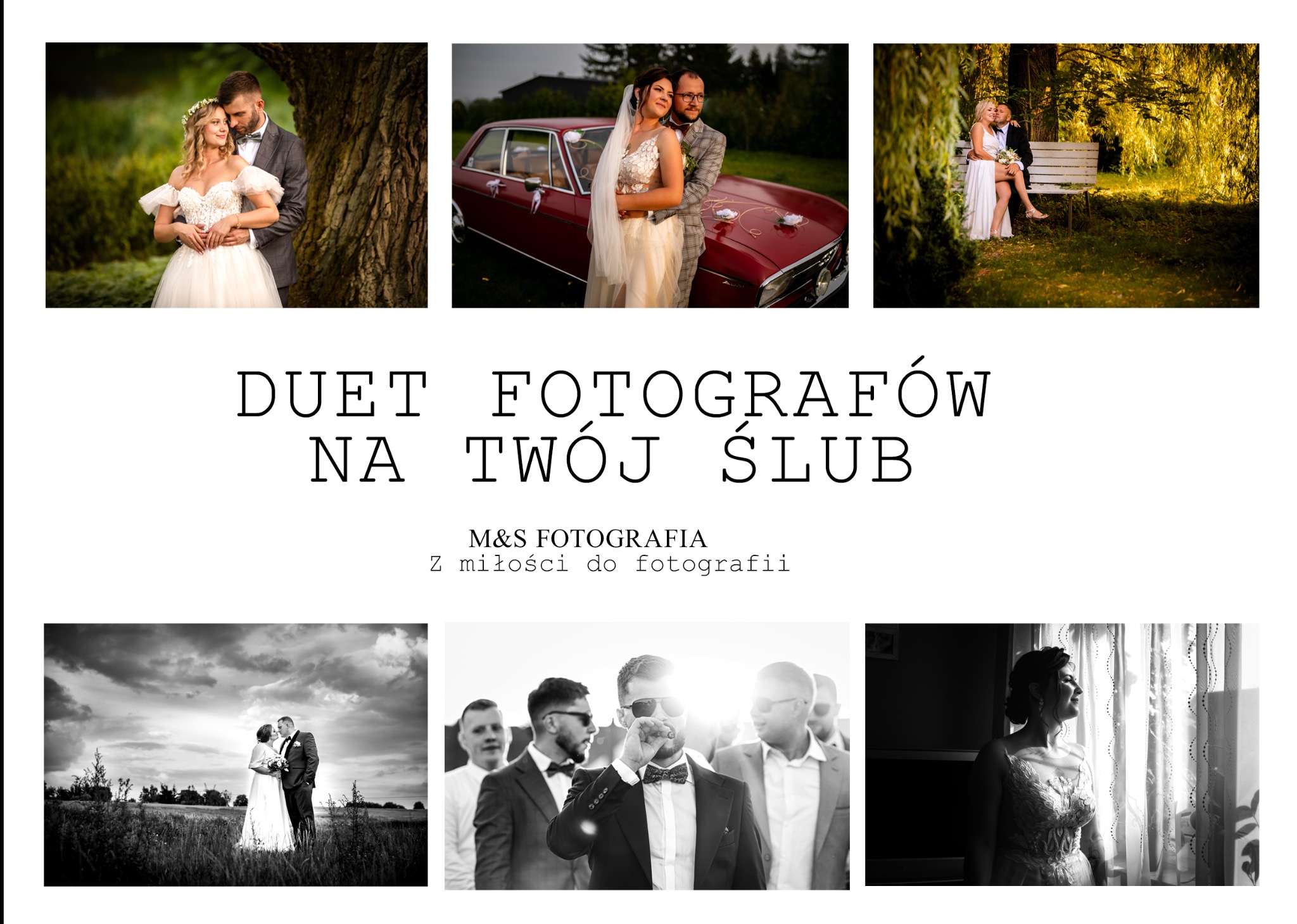 Kolaż zdjęć ślubnych prezentujący ofertę duetu fotografów z Wąbrzeźna, obejmujący ujęcia pary młodej w plenerze, przy zabytkowym samochodzie i w towarzystwie gości.