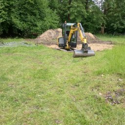 Kopman Robert Palewicz - Żółto-szara mini koparka Yanmar na trawiastym terenie, obok wykopu wypełnionego piaskiem, z zielonymi drzewami w tle.