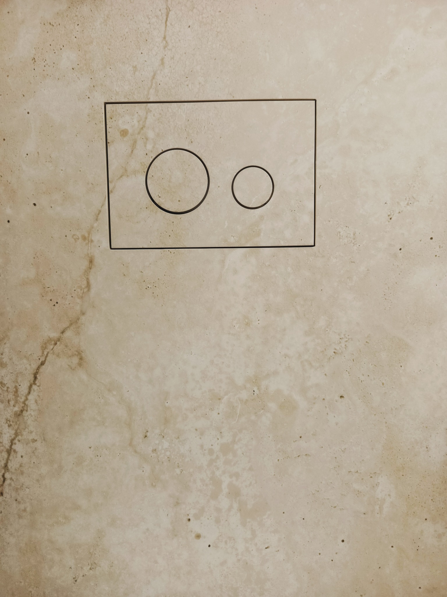 Beżowa płytka z widocznym panelem spłukującym WC, z dwoma okrągłymi przyciskami o różnej wielkości. Minimalistyczny design, neutralna kolorystyka.