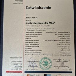 Lean Manufacturing and Manegement
ISO/TS 16949 ISO 9001/2015 
Systemy ERP 
TPM SMED OEE 
KPI Implementation 
Zarządzanie Strategiczne
Studia Prawnicze ze specjalizacją Prawo Finansowe
