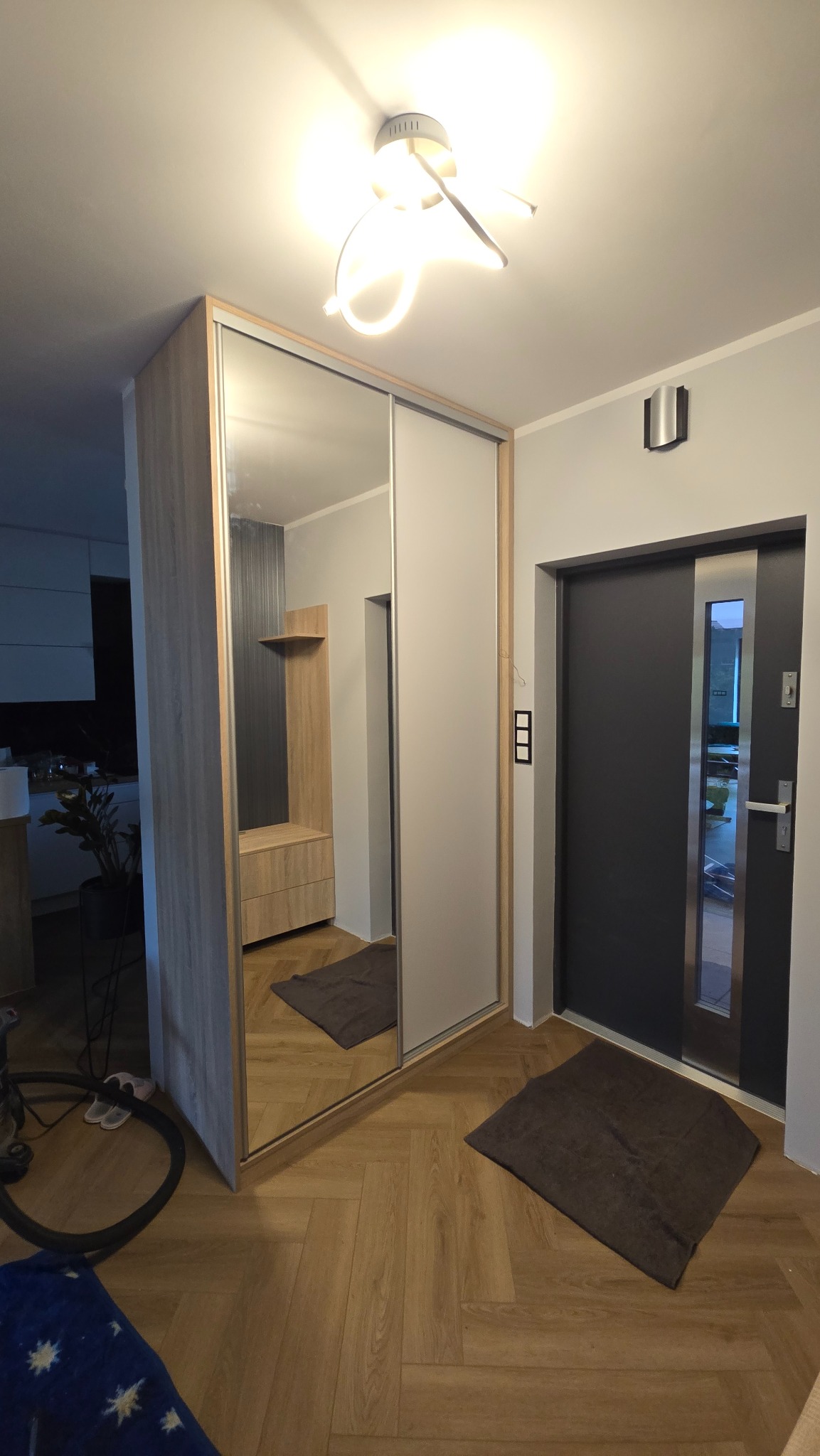 Nowoczesna szafa wnękowa z lustrzanymi drzwiami przesuwnymi, zintegrowana z przedpokojem, oświetlona lampą sufitową. Widoczna podłoga w jodełkę i drzwi wejściowe.