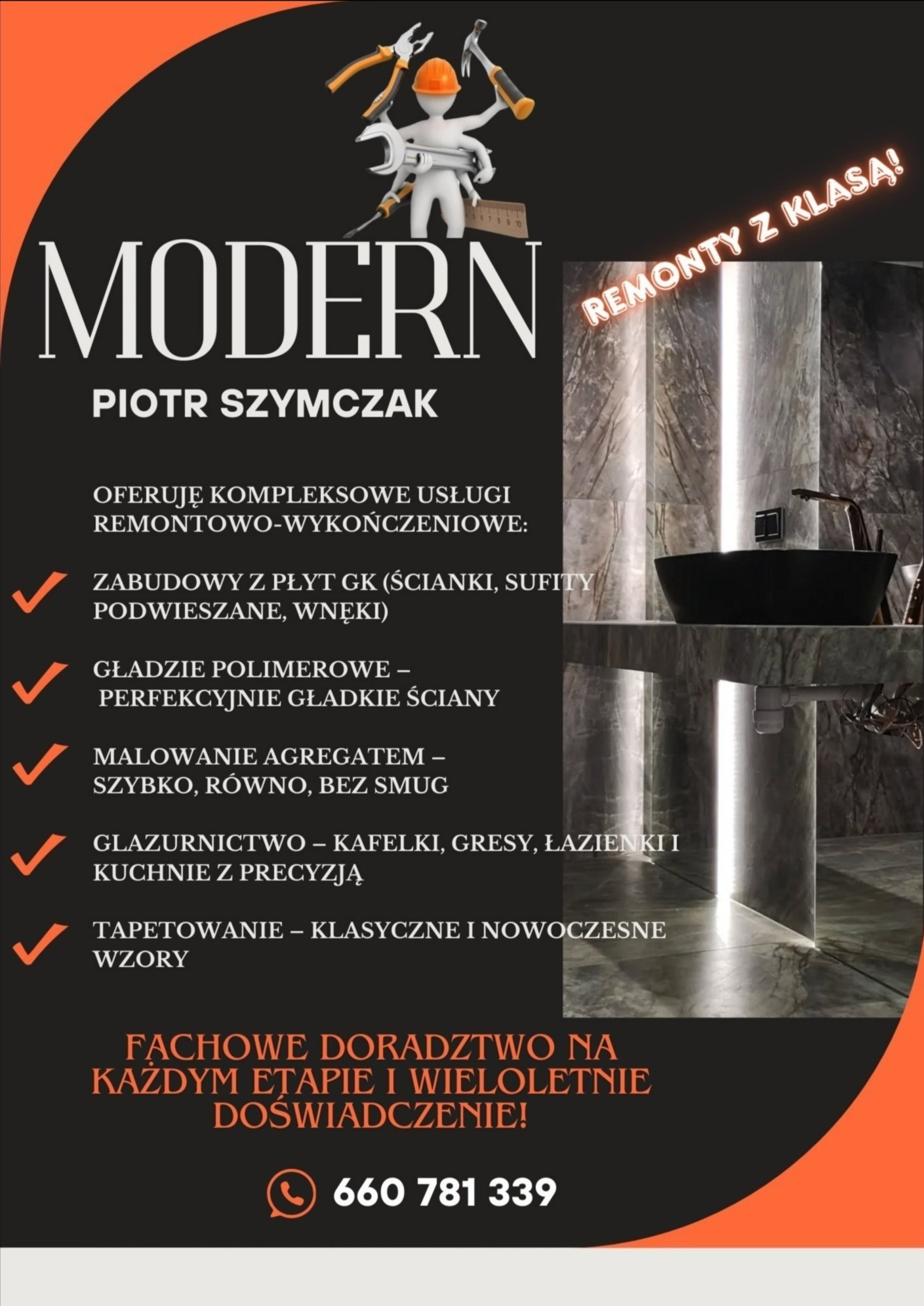 Plakat reklamowy firmy remontowo-wykończeniowej 'Modern Piotr Szymczak' z wizualizacją eleganckiej łazienki z marmurowymi płytami, podświetlanymi elementami i czarną umywalką nablatową. Na górze...