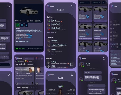 Projekt interfejsu aplikacji mobilnej w odcieniach fioletu, prezentujący ekrany z listą znajomych, profilem użytkownika, czatem i ofertami samochodów.