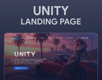 Projekt strony internetowej Unity Landing Page z motywem zachodzącego słońca, palmami i kobietą opartą o czerwony sportowy samochód.