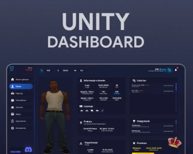 Projekt dashboardu Unity z postacią 3D, prezentujący interfejs użytkownika z informacjami o koncie, licencjach, praktykach i organizacji, w ciemnej kolorystyce.