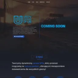 Strona internetowa serwera gier MTA o nazwie Unity The Power Of Us, z logo w kształcie litery U i hasłem 'Coming Soon' na tle zachodzącego słońca nad miastem.