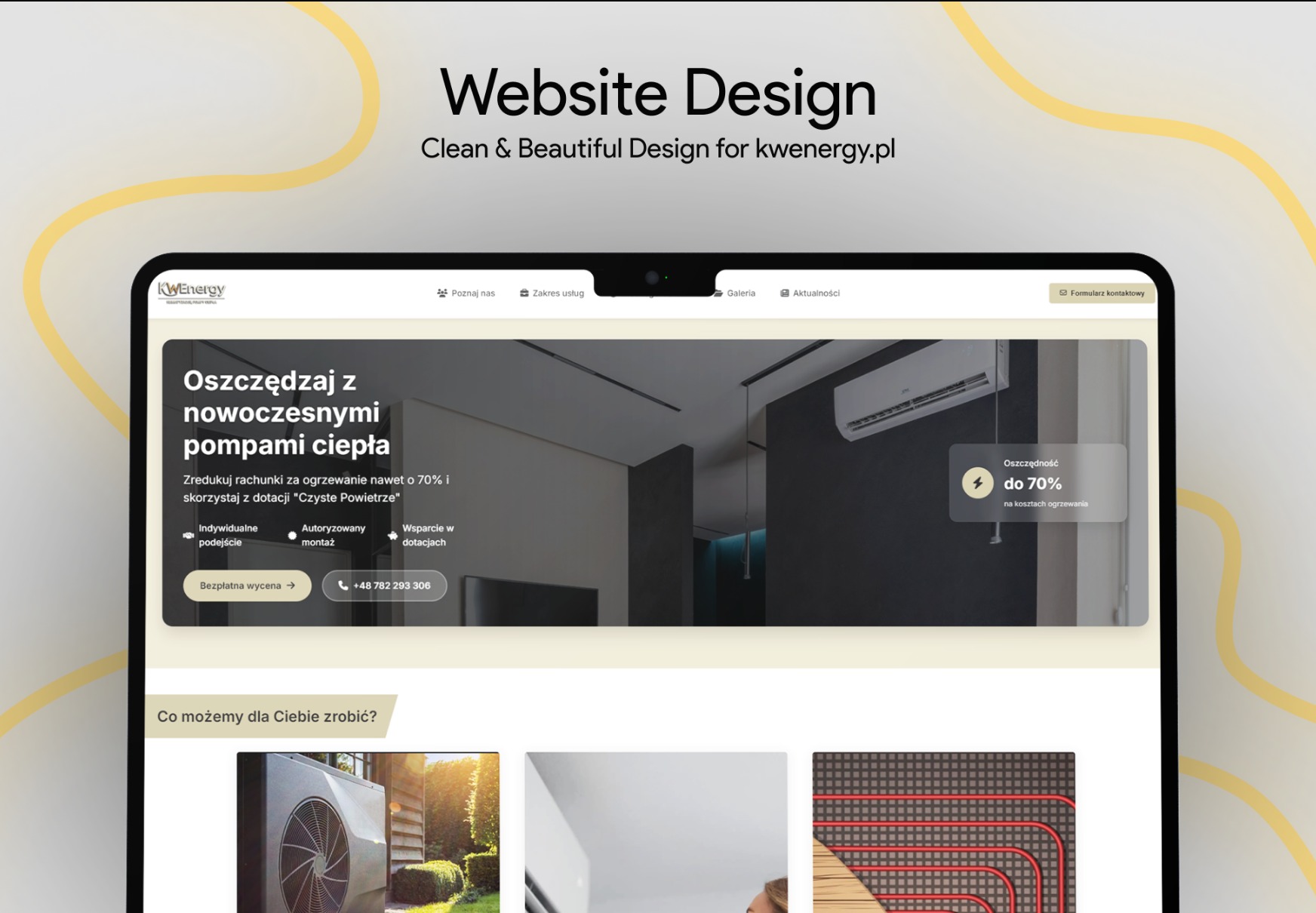 Prezentacja strony internetowej kwenergy.pl na ekranie tabletu, z tekstem 'Website Design' i hasłem o oszczędności na ogrzewaniu dzięki pompom ciepła.