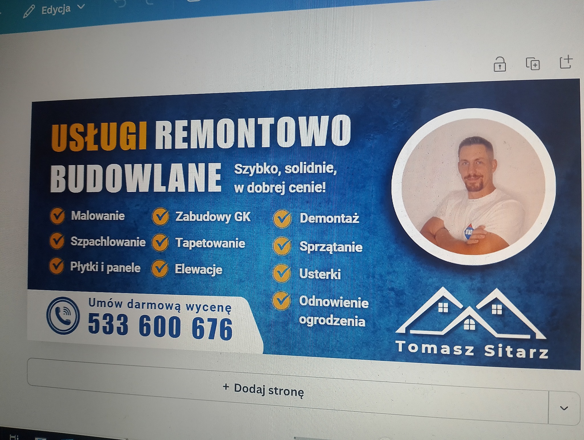 Baner reklamowy firmy remontowo-budowlanej: malowanie, szpachlowanie, elewacje, zabudowy GK, demontaż, sprzątanie, płytki i panele, tapetowanie, usterki, odnowienie ogrodzenia.