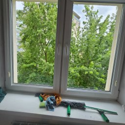 Lamson - Mycie Okien I Usługi Sprzątające - Okno po umyciu w mieszkaniu w Warszawie, z widokiem na zieleń. Na parapecie leżą ściereczki, gąbka i myjka do szyb z zielonym uchwytem.