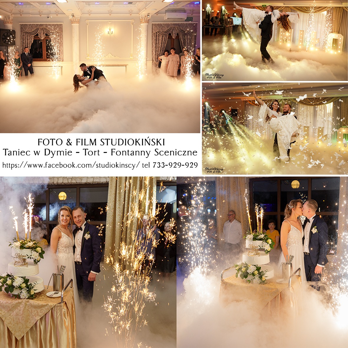 Taniec w Dymie Fontany Sceniczne usługa Pierwszy Taniec + Tort Weselny