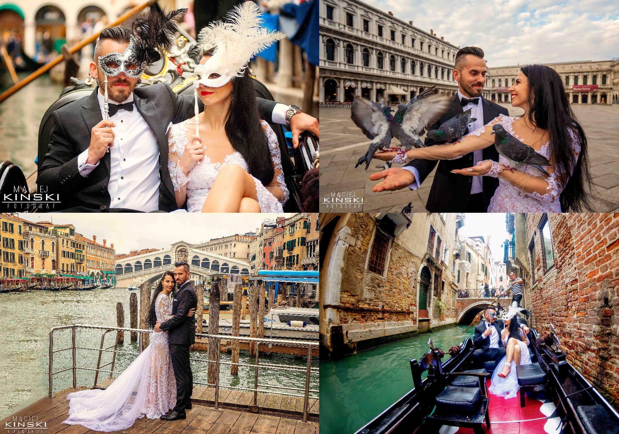 Kolaż z sesji ślubnej w Wenecji: para w gondoli w maskach, na tle placu św. Marka z gołębiami i przy moście Rialto. Romantyczna atmosfera, eleganckie stroje.