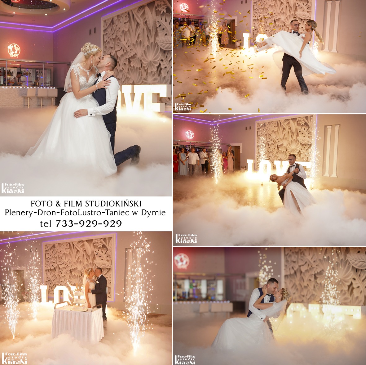 Kolaż z wesela: para młoda w tańcu w dymie i fontannach iskier, tort weselny. Dekoracje LOVE podświetlone. Ujęcia z różnych perspektyw, dynamiczne pozy.