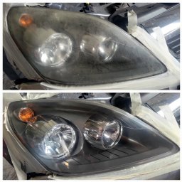 GUZI-CARS Bartosz Guz - Reflektor samochodowy przed i po renowacji, z widoczną różnicą w czystości i przejrzystości szkła. Taśma maskująca zabezpiecza sąsiednie elementy karoserii.