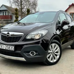 Błyszczący, ciemny Opel Mokka po myciu, zaparkowany na kostce brukowej przed domem. Widoczne detale: aluminiowe felgi, reflektory i tablica rejestracyjna.