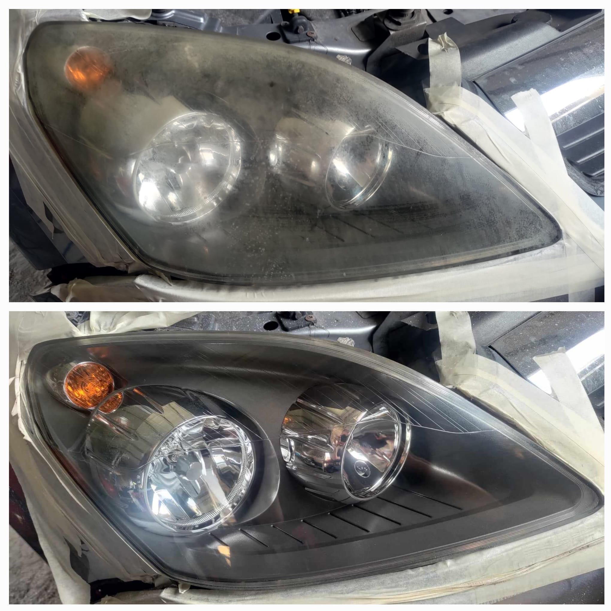 Reflektor samochodowy przed i po renowacji, z widoczną różnicą w czystości i przejrzystości szkła. Taśma maskująca zabezpiecza sąsiednie elementy karoserii.