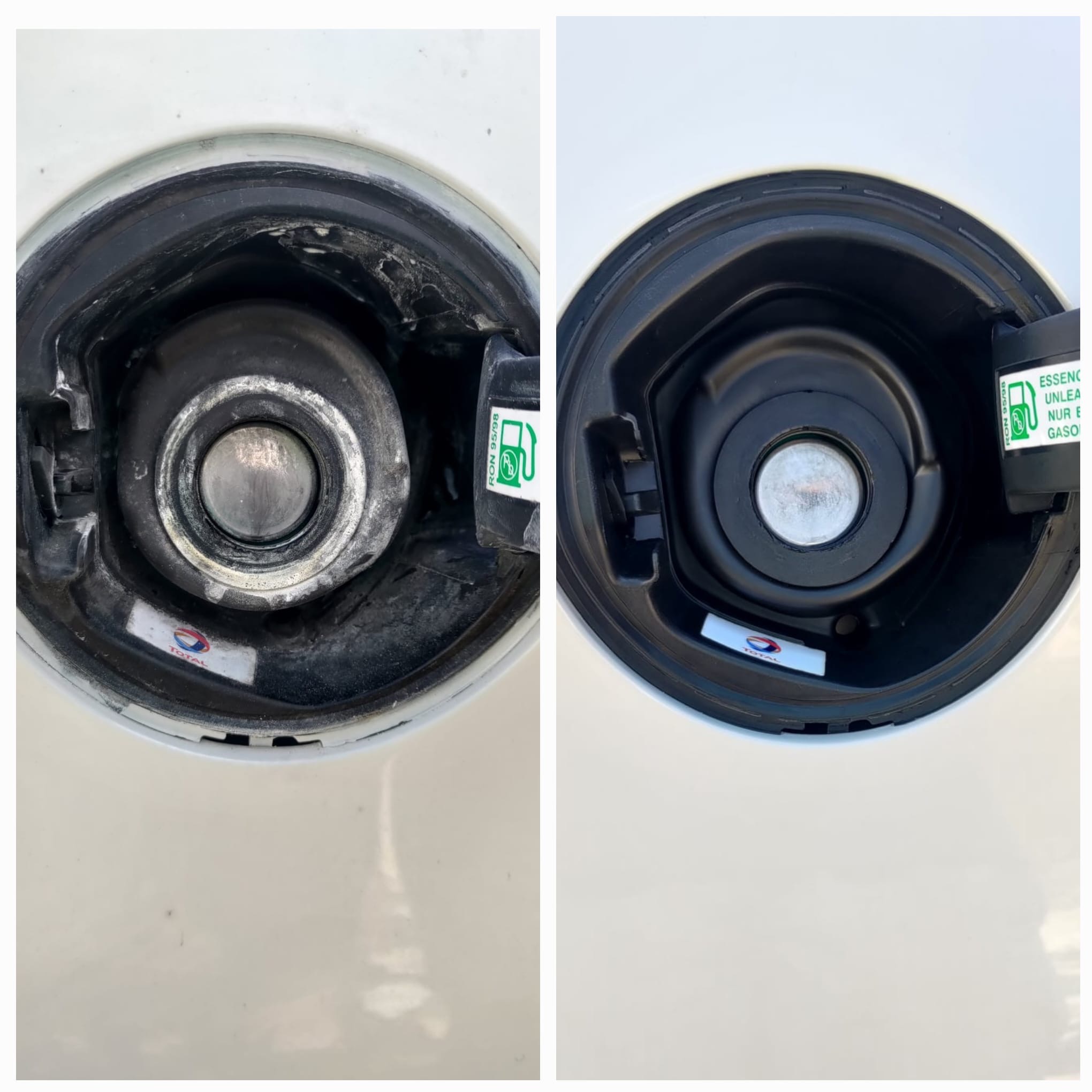 Zdjęcie 'przed i po' czyszczenia wlewu paliwa samochodu. Po lewej brudny wlew, po prawej czysty, z widoczną naklejką informacyjną o paliwie.