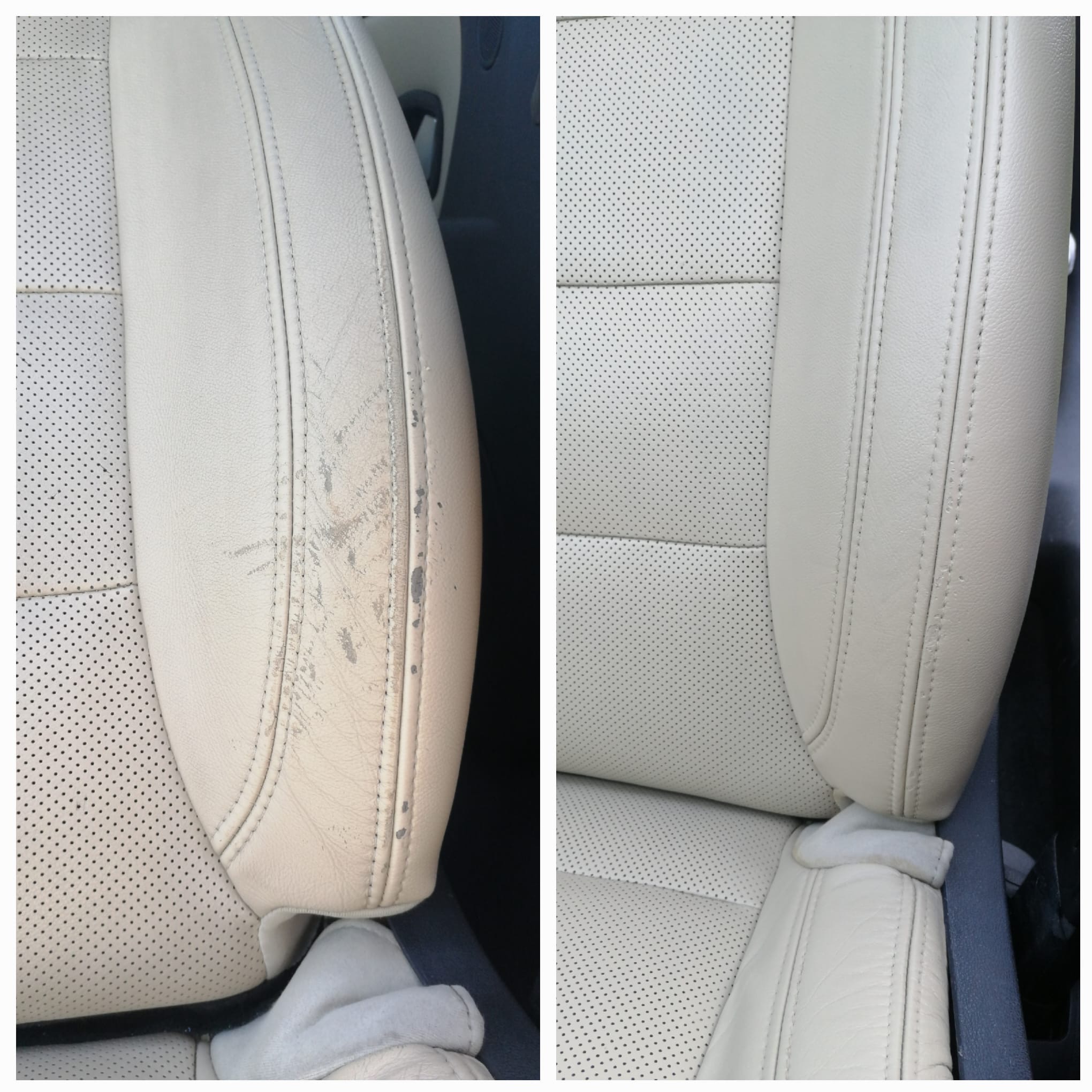 Porównanie: fotel samochodowy z jasnej skóry przed i po czyszczeniu/renowacji. Widoczne ślady użytkowania usunięte, skóra odświeżona.
