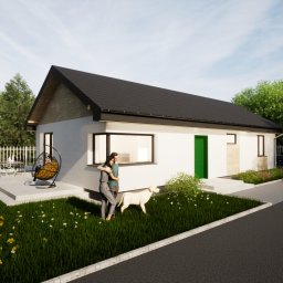 TWÓJ TRZECI DOM SPÓŁKA Z OGRANICZONĄ ODPOWIEDZIALNOŚCIĄ - Wizualizacja parterowego domu z płaskim dachem, białą elewacją i zielonymi drzwiami wejściowymi. Na trawniku para z psem, w tle samochód i drzewa.