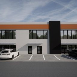 TWÓJ TRZECI DOM SPÓŁKA Z OGRANICZONĄ ODPOWIEDZIALNOŚCIĄ - Wizualizacja budynku biurowego z płaskim dachem, pomalowanego na biało z pomarańczowym pasem i czarnym pionowym elementem elewacji, z parkingiem i samochodami.