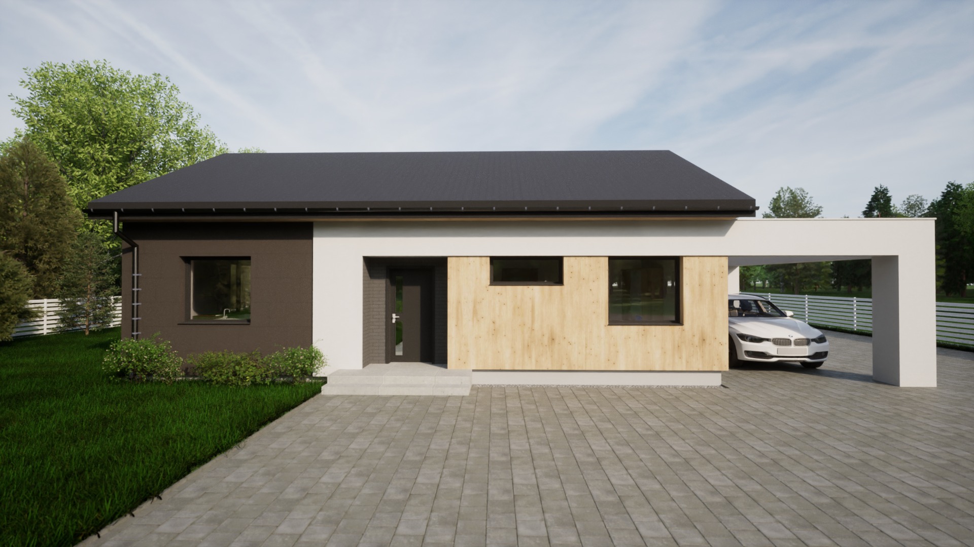Nowoczesny dom parterowy z bryłą w kolorach bieli, brązu i drewna, z dobudowanym garażem i podjazdem z kostki brukowej.