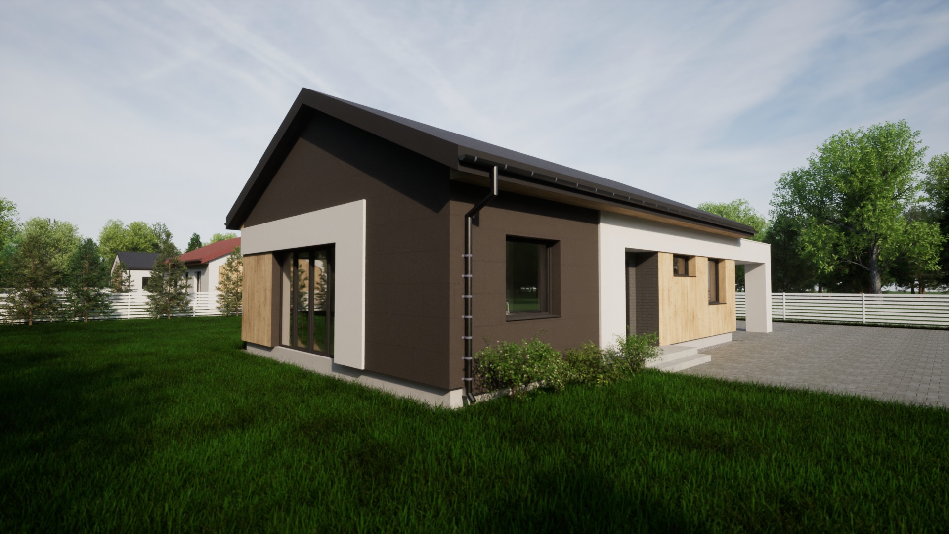 Wizualizacja parterowego domu z płaskim dachem, brązową elewacją i drewnianymi akcentami, otoczonego zielonym trawnikiem i innymi domami w tle.