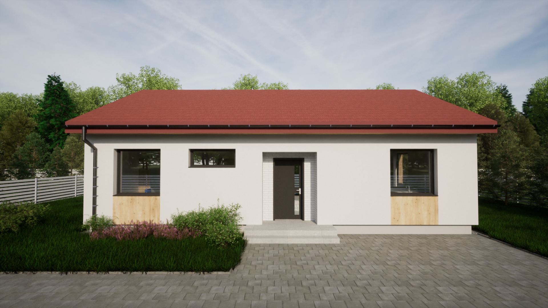 Projekt parterowego domu z czerwoną dachówką, białymi ścianami, drewnianymi akcentami pod oknami i brukowanym podjazdem.